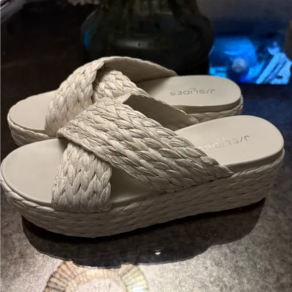 J/Slides QUIVER Bone Raffia Platform Sandals New
