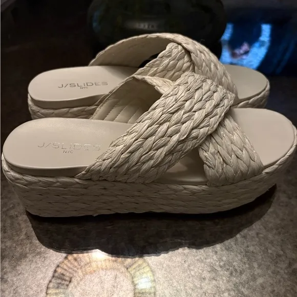 J/Slides QUIVER Bone Raffia Platform Sandals New