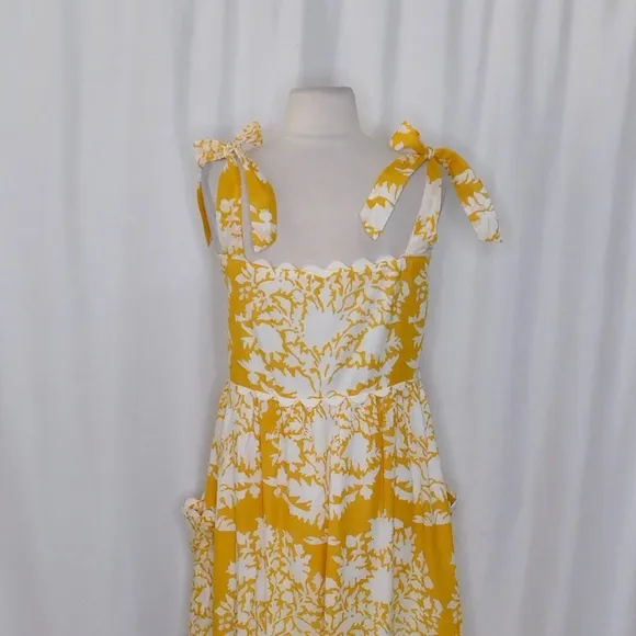 JULIET DUNN Tie Shoulder Dress Ric Rac Palladio Print Saffron Yellow Maxi 0 US 4