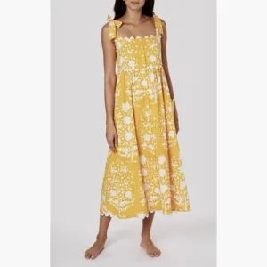 JULIET DUNN Tie Shoulder Dress Ric Rac Palladio Print Saffron Yellow Maxi 0 US 4