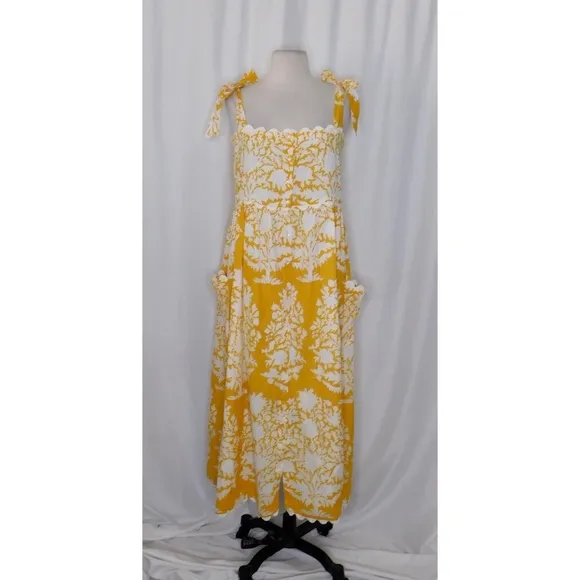 JULIET DUNN Tie Shoulder Dress Ric Rac Palladio Print Saffron Yellow Maxi 0 US 4