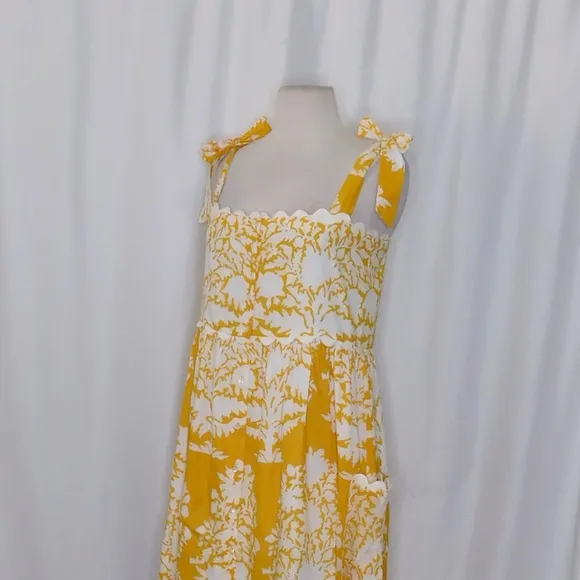 JULIET DUNN Tie Shoulder Dress Ric Rac Palladio Print Saffron Yellow Maxi 0 US 4