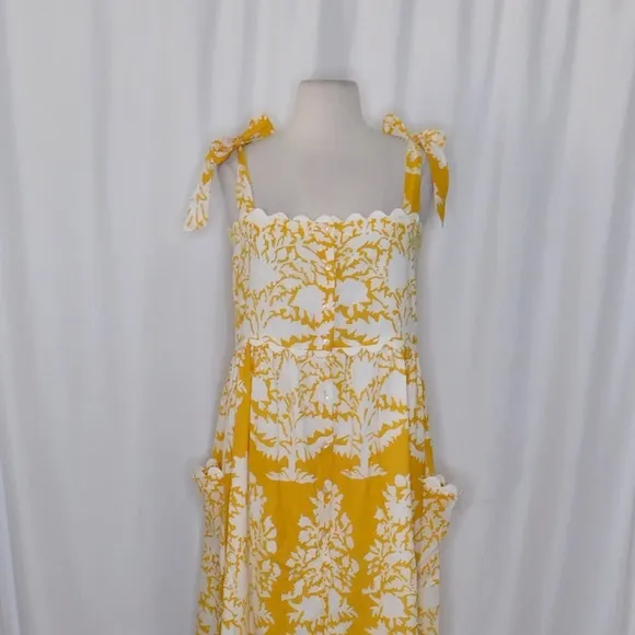 JULIET DUNN Tie Shoulder Dress Ric Rac Palladio Print Saffron Yellow Maxi 0 US 4