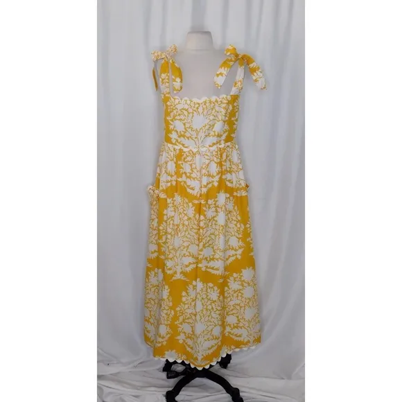 JULIET DUNN Tie Shoulder Dress Ric Rac Palladio Print Saffron Yellow Maxi 0 US 4