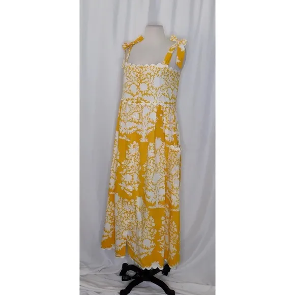 JULIET DUNN Tie Shoulder Dress Ric Rac Palladio Print Saffron Yellow Maxi 0 US 4