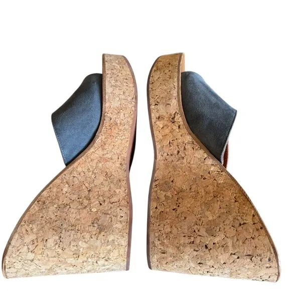 K Jacques St Tropez Wedge Cork Sandals Blue Suede Slip On Platform Summer Sz 41