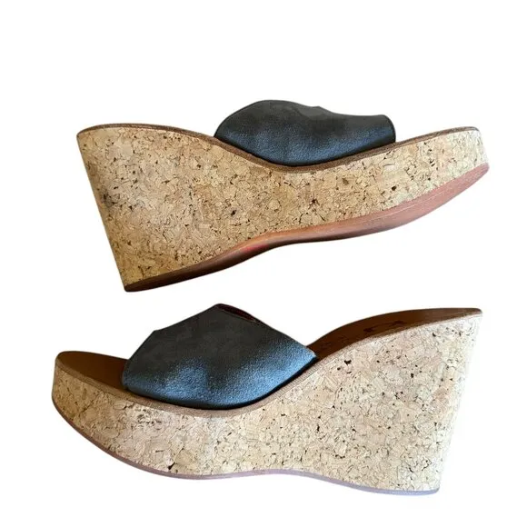 K Jacques St Tropez Wedge Cork Sandals Blue Suede Slip On Platform Summer Sz 41