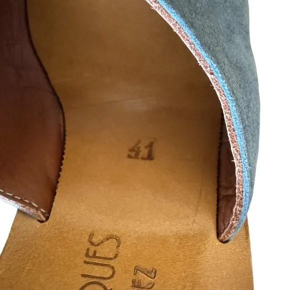 K Jacques St Tropez Wedge Cork Sandals Blue Suede Slip On Platform Summer Sz 41