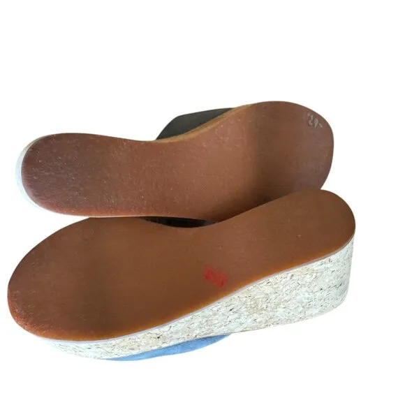 K Jacques St Tropez Wedge Cork Sandals Blue Suede Slip On Platform Summer Sz 41