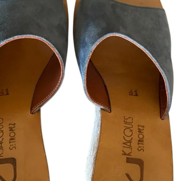 K Jacques St Tropez Wedge Cork Sandals Blue Suede Slip On Platform Summer Sz 41