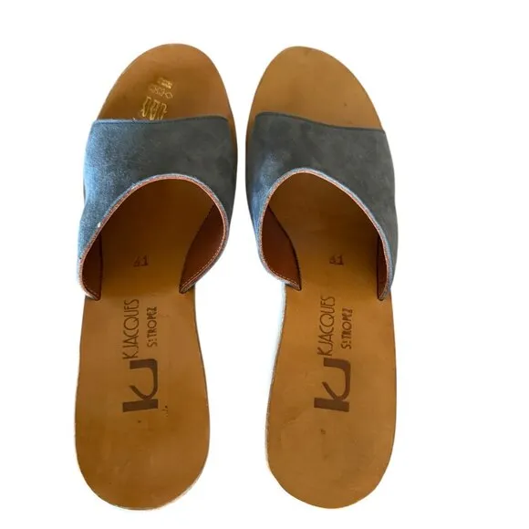 K Jacques St Tropez Wedge Cork Sandals Blue Suede Slip On Platform Summer Sz 41