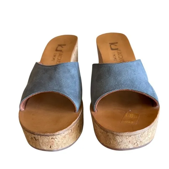 K Jacques St Tropez Wedge Cork Sandals Blue Suede Slip On Platform Summer Sz 41