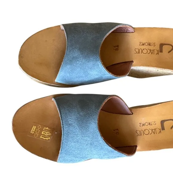 K Jacques St Tropez Wedge Cork Sandals Blue Suede Slip On Platform Summer Sz 41