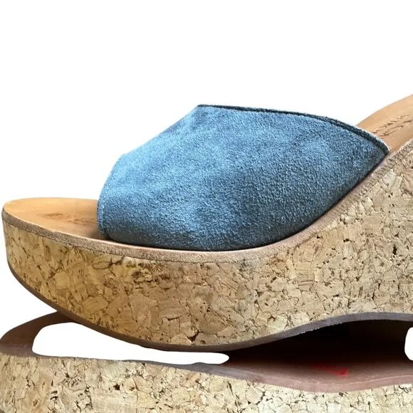 K Jacques St Tropez Wedge Cork Sandals Blue Suede Slip On Platform Summer Sz 41