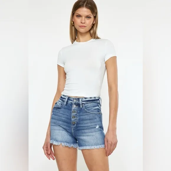 Kancan Button Fly High Rise Raw Hem Denim Shorts