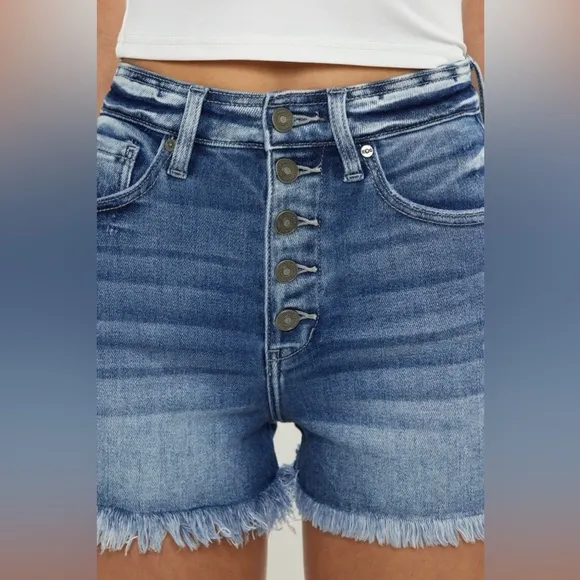 Kancan Button Fly High Rise Raw Hem Denim Shorts