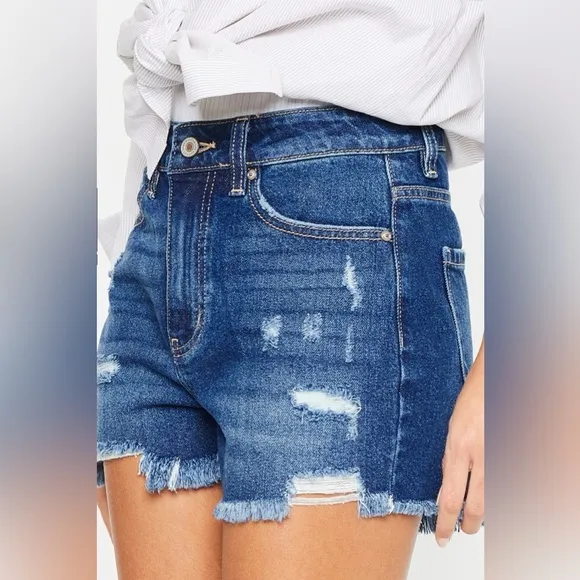 Kancan High Rise Frayed Hem Denim Shorts