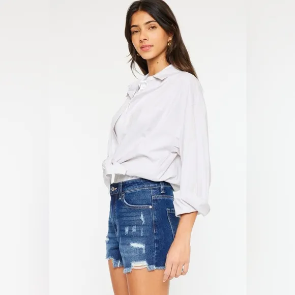 Kancan High Rise Frayed Hem Denim Shorts
