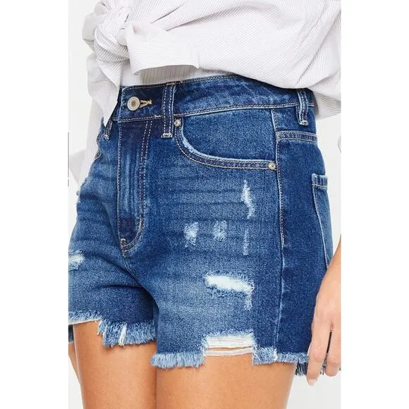 KanCan High Rise Frayed Hem Distressed Dark Wash Denim Shorts