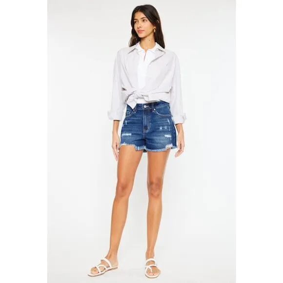 KanCan High Rise Frayed Hem Distressed Dark Wash Denim Shorts