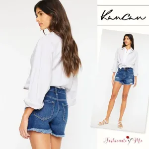 KanCan High Rise Frayed Hem Distressed Dark Wash Denim Shorts
