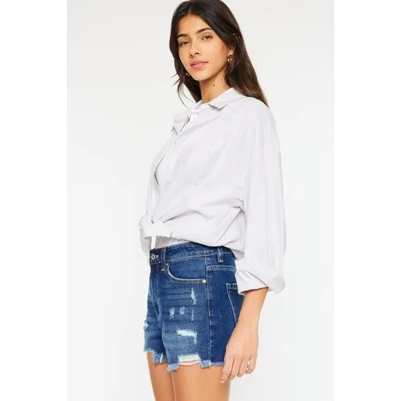 KanCan High Rise Frayed Hem Distressed Dark Wash Denim Shorts