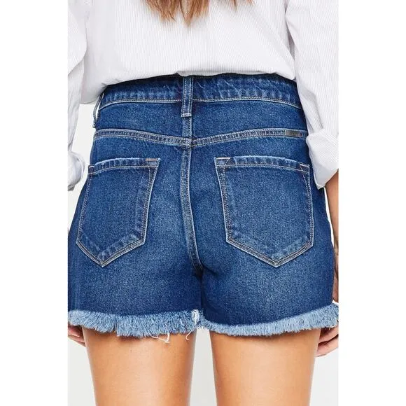 KanCan High Rise Frayed Hem Distressed Dark Wash Denim Shorts