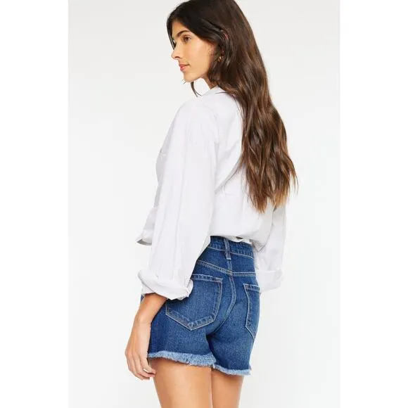 KanCan High Rise Frayed Hem Distressed Dark Wash Denim Shorts