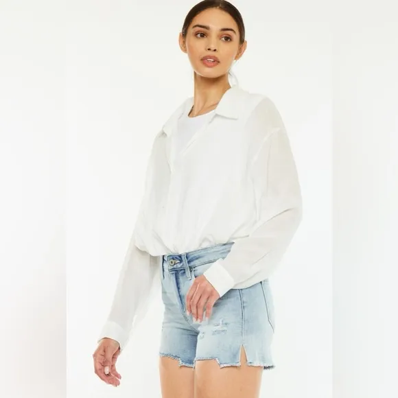 Kancan High Rise Side Slit Denim Shorts