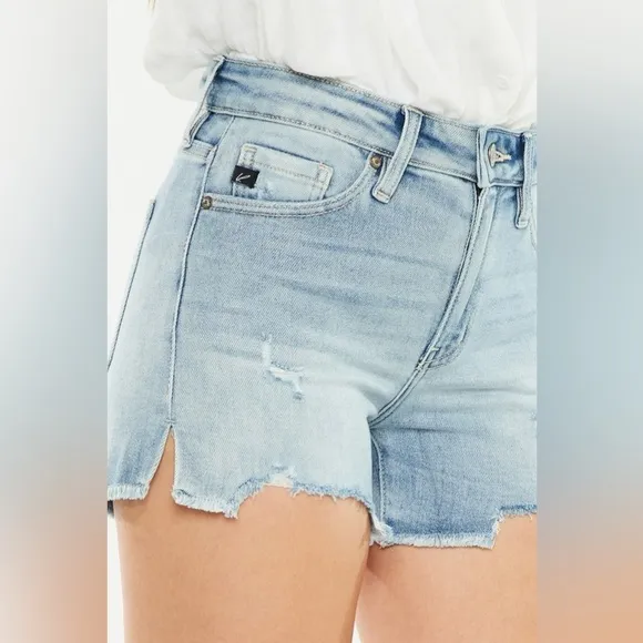Kancan High Rise Side Slit Denim Shorts