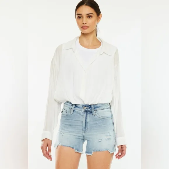Kancan High Rise Side Slit Denim Shorts