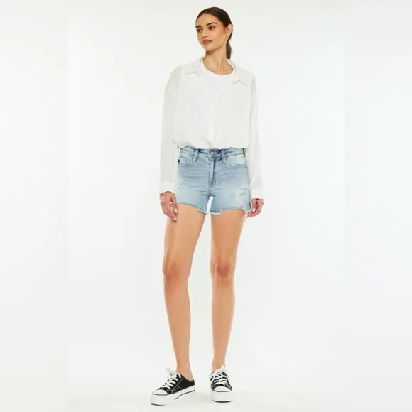 Kancan High Rise Side Slit Denim Shorts