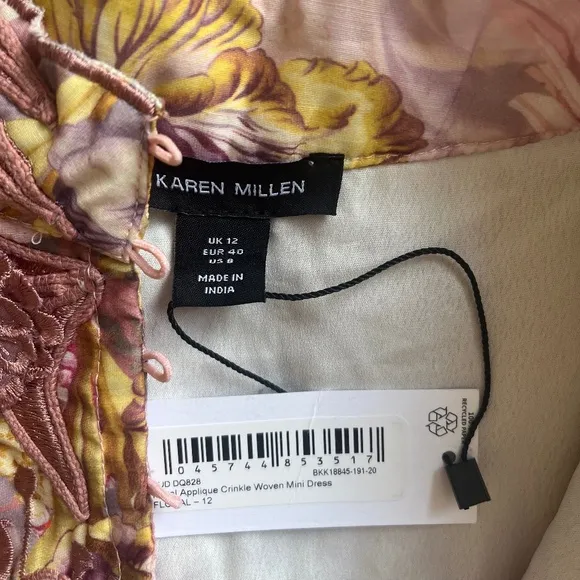 Karen Millen Floral Applique Crinkle Woven Cocktail Balloon Sleeves Mini Dress 8