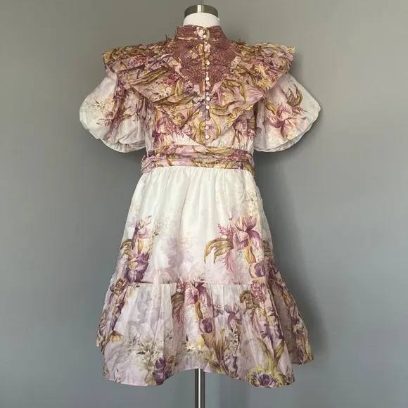 Karen Millen Floral Applique Crinkle Woven Cocktail Balloon Sleeves Mini Dress 8