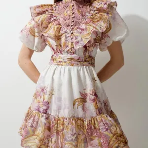 Karen Millen Floral Applique Crinkle Woven Cocktail Balloon Sleeves Mini Dress 8