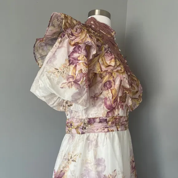 Karen Millen Floral Applique Crinkle Woven Cocktail Balloon Sleeves Mini Dress 8