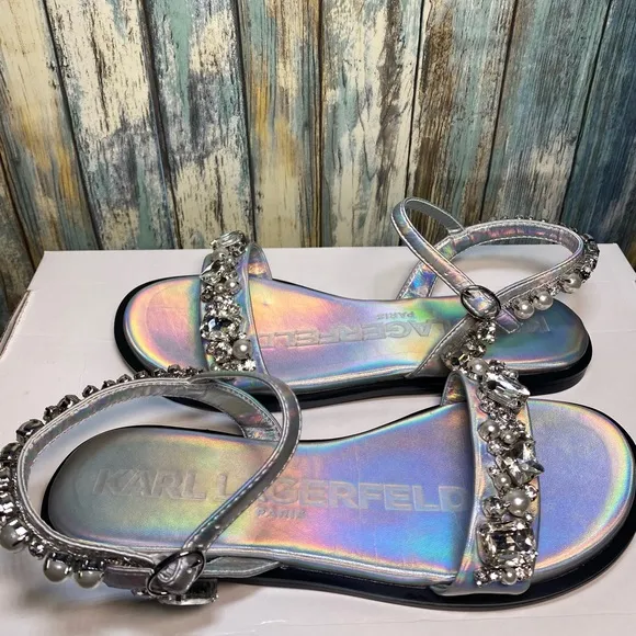 KARL LAGERFELD PARIS GWENDA EMBELLISHED ANKLE-STRAP SANDALS