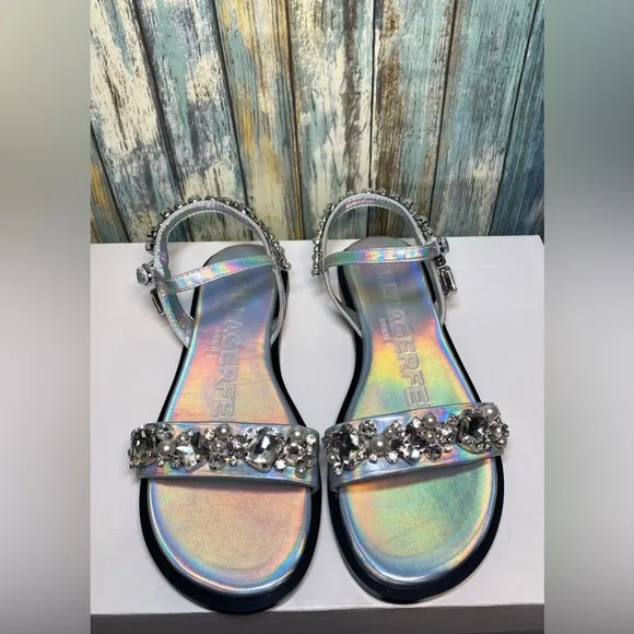 KARL LAGERFELD PARIS GWENDA EMBELLISHED ANKLE-STRAP SANDALS