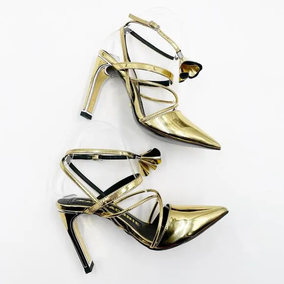 Kat Maconie Louise Gold Heels Ankle Wrap Pumps Metallic Pointed Toe Sz 5 US