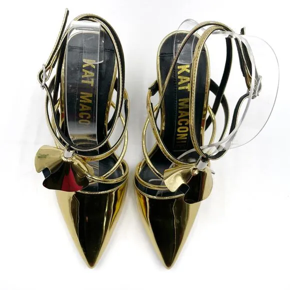 Kat Maconie Louise Gold Heels Ankle Wrap Pumps Metallic Pointed Toe Sz 5 US