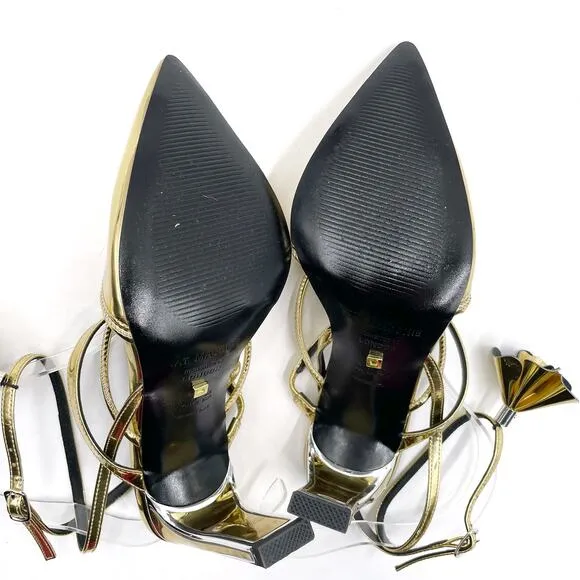 Kat Maconie Louise Gold Heels Ankle Wrap Pumps Metallic Pointed Toe Sz 5 US