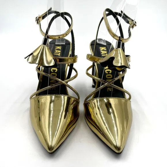 Kat Maconie Louise Gold Heels Ankle Wrap Pumps Metallic Pointed Toe Sz 5 US