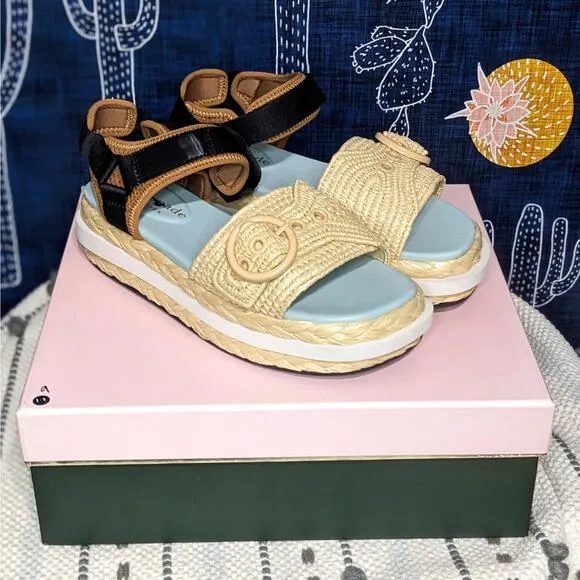 Kate Spade Acapulco Raffia Platform Sandals Natural Gingerbread Women's Size 9B