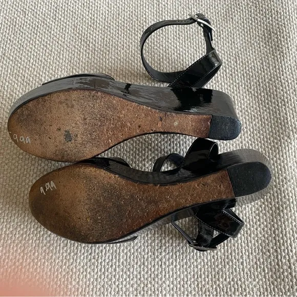 Kate Spade Black Patent Leather Platform Sandals Ankle Strap Heel- 2.5” Size 8