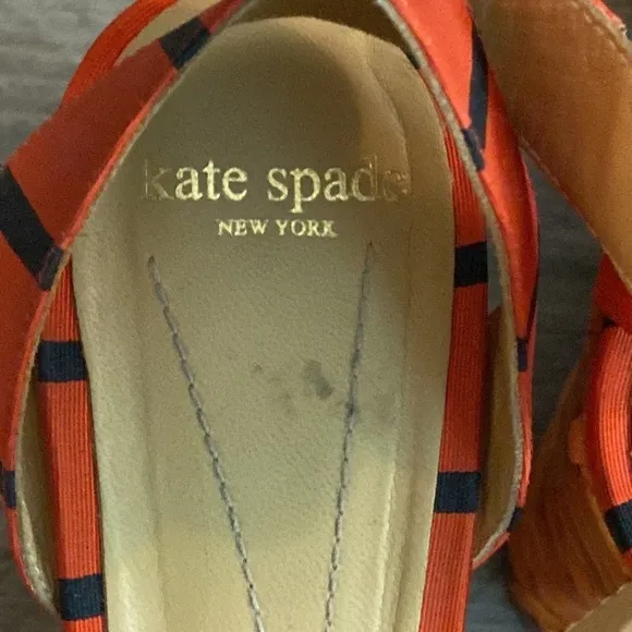 Kate Spade Cabana Wedge Wicker Heels Womens 10 Grosgrain Ribbon Red Blue Buckle