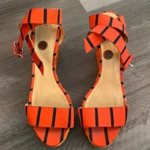 Kate Spade Cabana Wedge Wicker Heels Womens 10 Grosgrain Ribbon Red Blue Buckle
