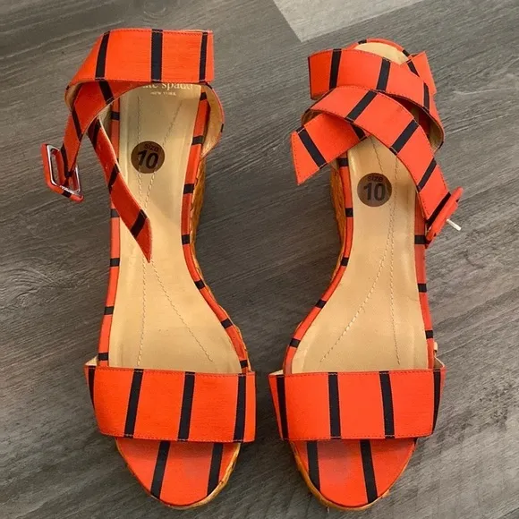 Kate Spade Cabana Wedge Wicker Heels Womens 10 Grosgrain Ribbon Red Blue Buckle