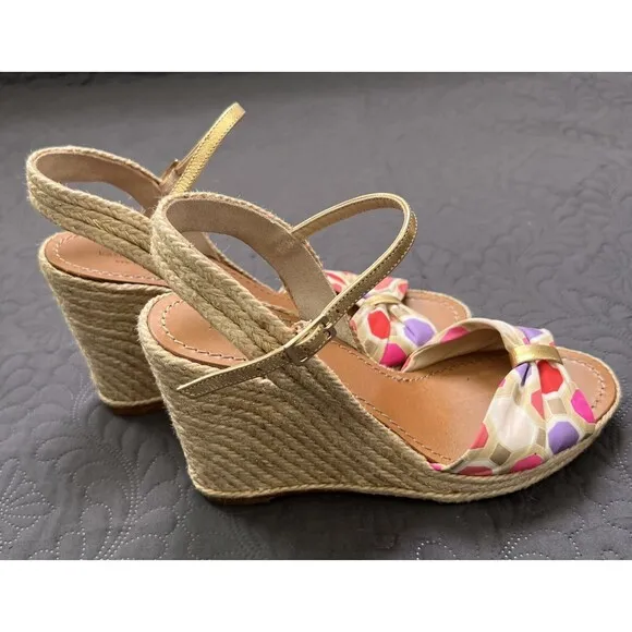 Kate Spade Candice Geometric Print Gold Leather Espadrille Wedge Sandals SZ 9.5M