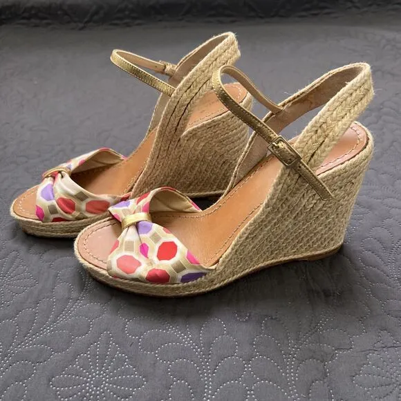 Kate Spade Candice Geometric Print Gold Leather Espadrille Wedge Sandals SZ 9.5M