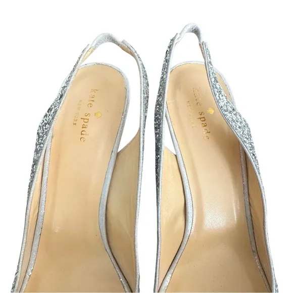 Kate Spade Charm Glitter Silver Metallic Bow Detail Slingback Sandals Italy Made